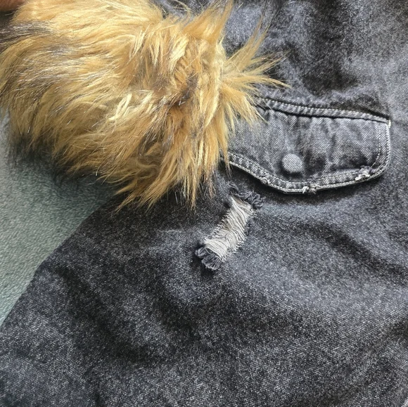 Women's Long Hooded Parka Faux Fur  Distressed Black Denim Statement Jacket - Picture 14 of 15